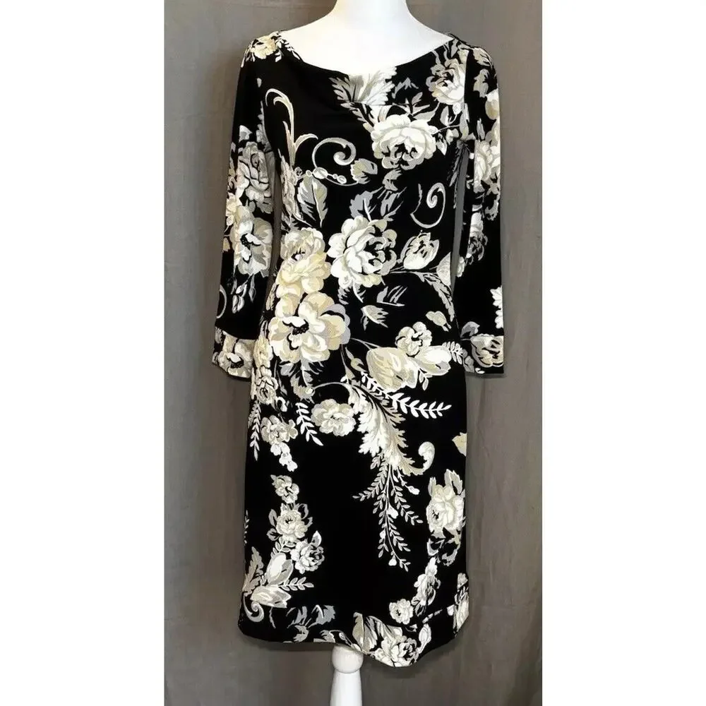 White House Black Market Dress Womens XXS Black Floral Knee Length Midi